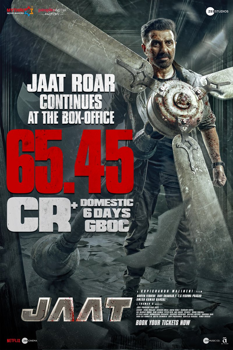 #JAAT continues its blockbuster outing at the box office 💥💥

#JAAT collects 65.45 CRORES+ DOMESTIC GBOC in 6 days ❤️‍🔥

Book your tickets for the MASS FEAST now!
▶️ linktr.ee/JaatTickets

Starring Action Superstar <a href="/iamsunnydeol/">Sunny Deol</a>
Directed by <a href="/megopichand/">Gopichandh Malineni</a>
Produced by