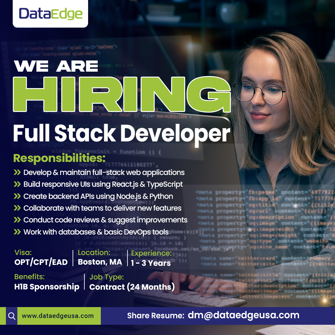 dataedgeusa's tweet image. Role: Full Stack Developer
Experience: 1 - 3 Years
Share Resume: dm@dataedgeusa.com
.
.
.
.
#FullStackDeveloper #ReactJSJobs #NodeJSJobs #TechJobsUSA #OPTJobs #CPTJobs #EADJobs #H1BSponsorship #HiringNow #USATechJobs #RemoteFriendly #TechCareers #FrontendDeveloper #Backend
