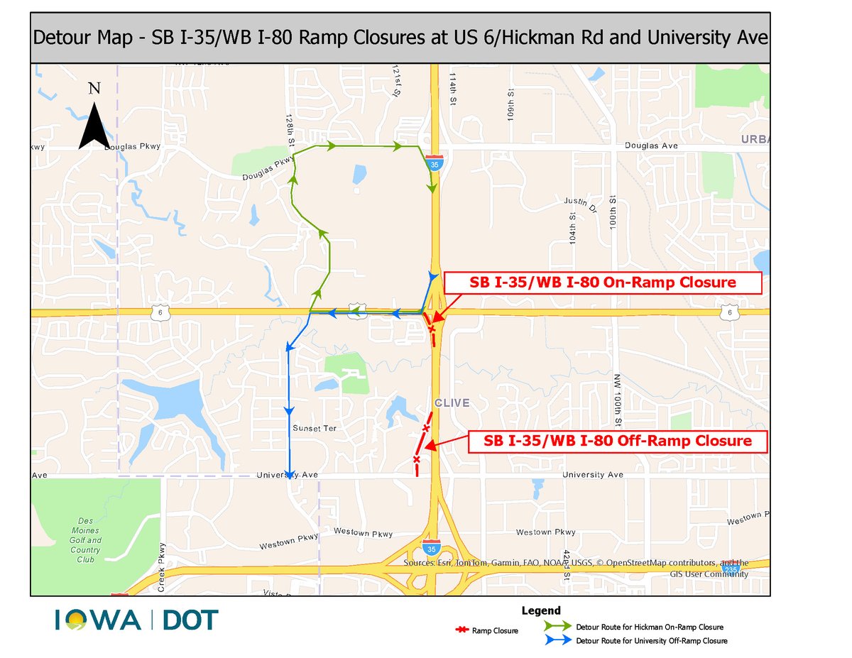 Starting April 21, the southbound on-ramp from Hickman Rd &amp; the exit ramp to University Ave will be closed until mid-August.

More info: news.iowadot.gov/newsandinfo/20…