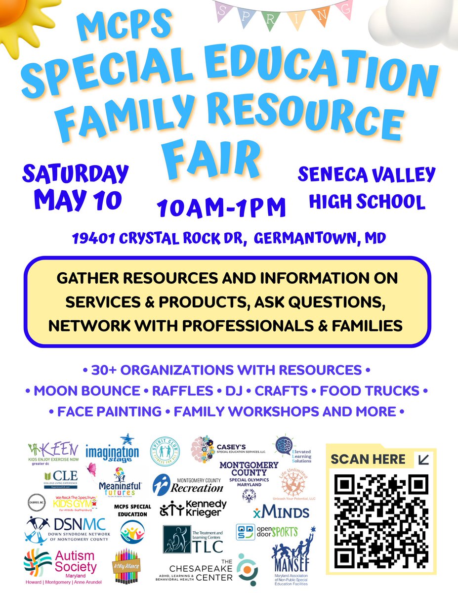 MCPSMDSpecialEd's tweet image. Join us on Saturday, May 10 for our Special Education Family Resource Fair at Seneca Valley High School from 10AM to 1PM. Attendance is FREE.
Organizations that are interested in hosting a table, please register here: forms.gle/E5FR3kqmJjkM3J…
Website: sites.google.com/mcpsmd.net/se-…