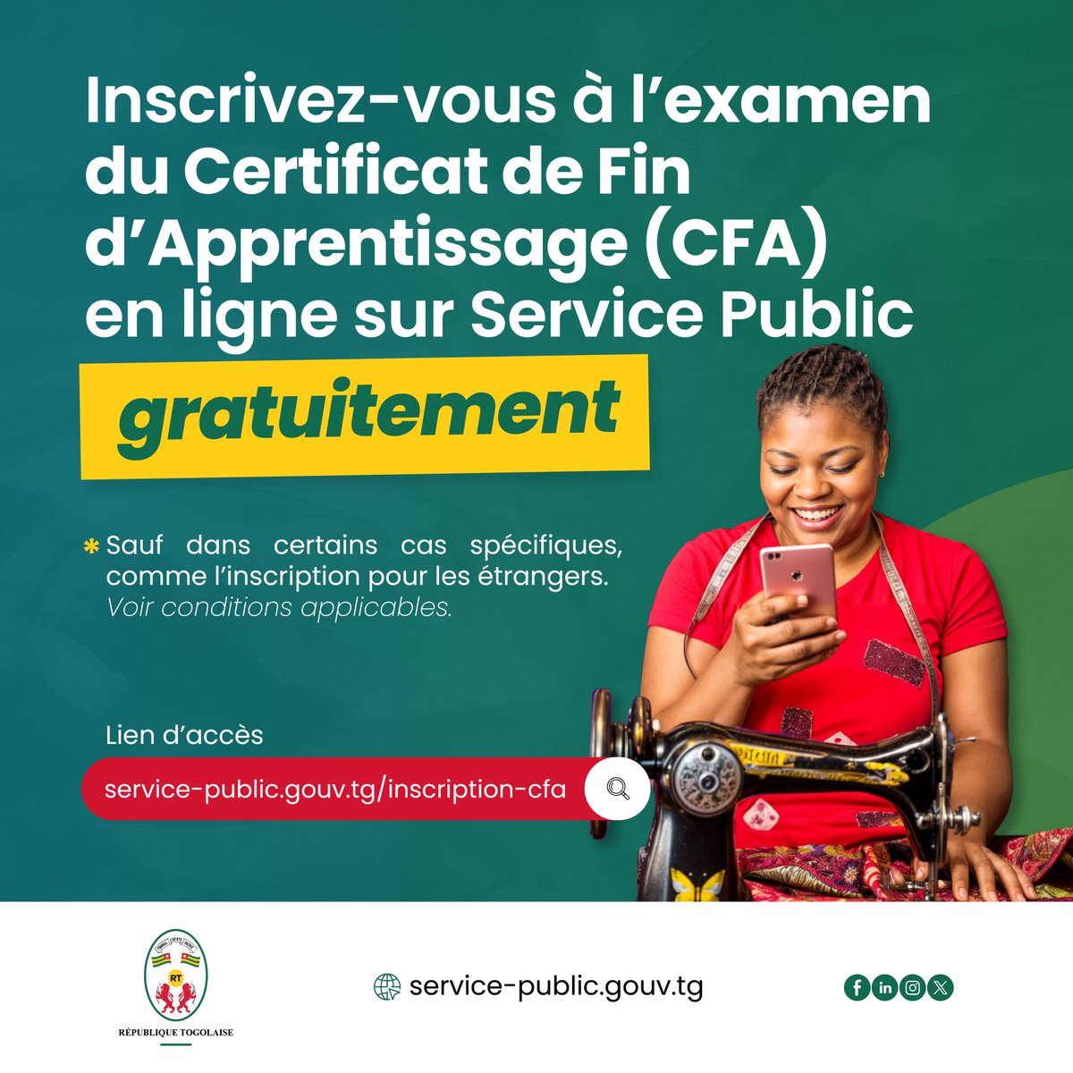 Bonne nouvelle pour vous ! L’inscription à l’examen se fait désormais en ligne sur la plateforme Service Public… et c’est gratuit !

Inscrivez-vous dès maintenant en cliquant ici :
👉 service-public.gouv.tg/inscription-cfa