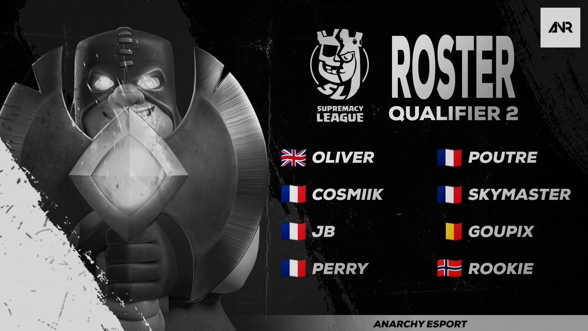 𝐈𝐍𝐓𝐑𝐎𝐃𝐔𝐂𝐈𝐍𝐆 our <a href="/CR_Supremacy/">Supremacy League</a> Lightning Qualifier 2 roster..

🇬🇧 <a href="/MrOlive01/">Mr Olive</a> 
🇫🇷 @mamie_ruru
🇫🇷 <a href="/jbousee/">JB 👑</a>
🇫🇷 <a href="/perry_cr/">PerryCR</a> 
🇫🇷 <a href="/PouTre__/">PouTreDeBaMaKo</a> 
🇫🇷 <a href="/SkyMaster7_/">Sky Master</a> 
🇧🇪 <a href="/GoupixCr/">Goupix_Cr</a> 
🇳🇴 <a href="/RookieCRyay/">Jorgen</a>

#ForzAnarchy ⚪️⚫️