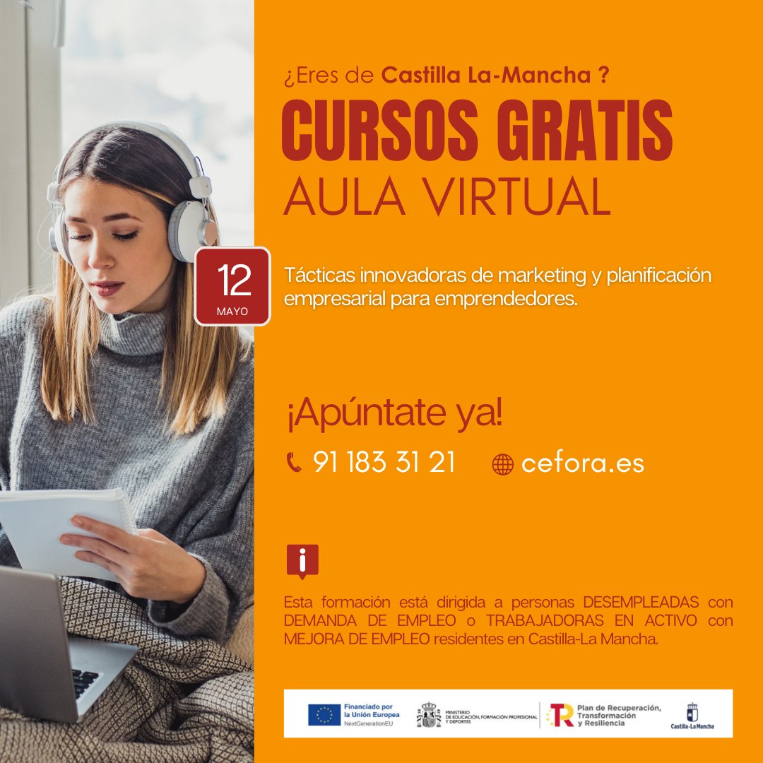 🎓 ¿Eres de Castilla La-Mancha? No te pierdas estos 9 CURSOS GRATIS, 100% AULA VIRTUAL, con los que mejorarás tus habilidades para impulsar tu futuro profesional. 👉 Inscríbete ya en el 91 183 31 21 o visita cefora.es/formacion/curs…