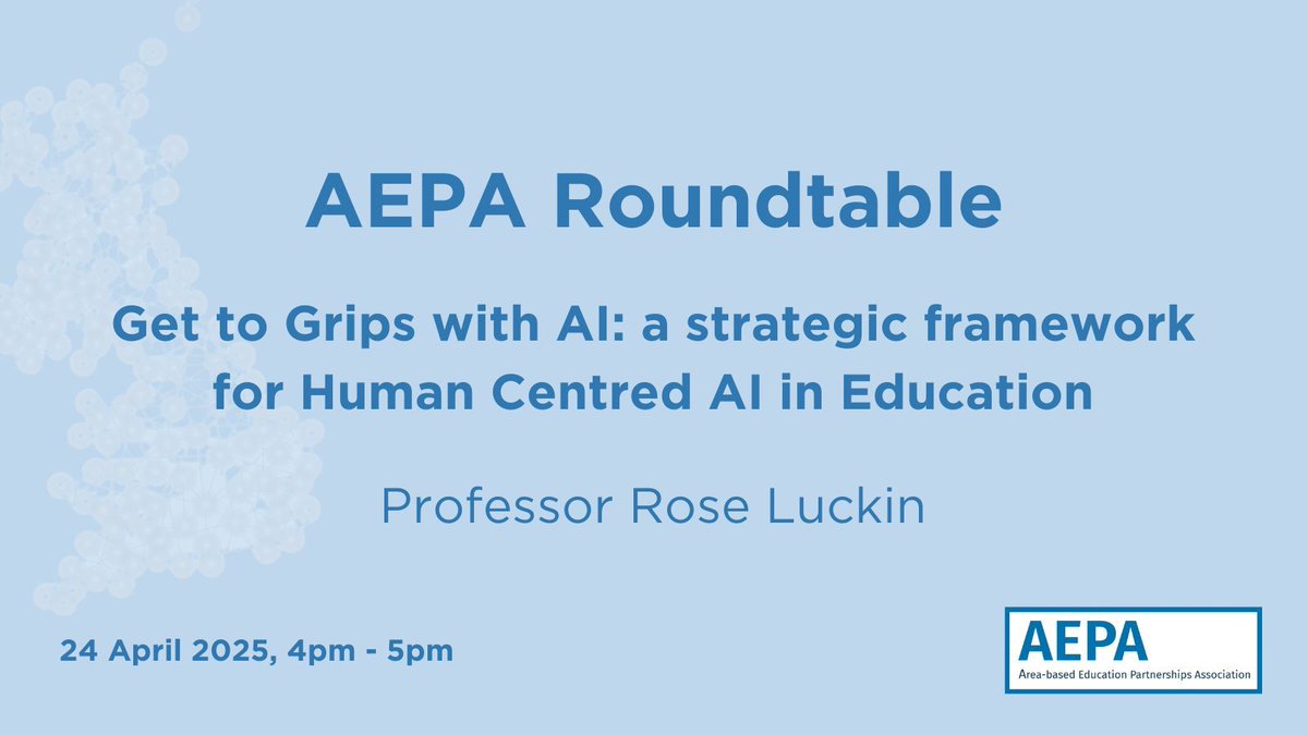 AEPA (@aepassoc) on Twitter photo 🎉 Join us for a roundtable focusing on getting to grips with AI
👩💻 Professor Rose Luckin, <a href="/Knowldgillusion/">Rose Luckin's EDUCATE Ventures | AI for Education</a>, will lead the discussion, detailing a strategic framework for human-centred AI in education.
🎟️ Get your tickets now: eventbrite.co.uk/e/aepa-roundta…
#AEPARoundtable 🎉 Join us for a roundtable focusing on getting to grips with AI
👩💻 Professor Rose Luckin, <a href="/Knowldgillusion/">Rose Luckin's EDUCATE Ventures | AI for Education</a>, will lead the discussion, detailing a strategic framework for human-centred AI in education.
🎟️ Get your tickets now: eventbrite.co.uk/e/aepa-roundta…
#AEPARoundtable