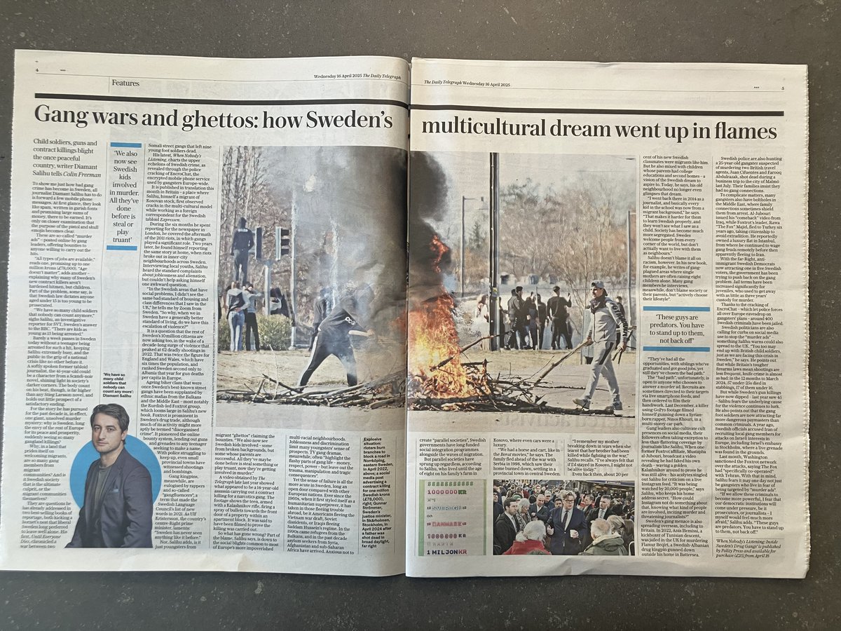 colinfreeman99's tweet image. Interviewed Swedish journalist & author Diamant Salihu about how Sweden's gang crime problem has exposed cracks in its multi-cultural vision
telegraph.co.uk/news/2025/04/1…