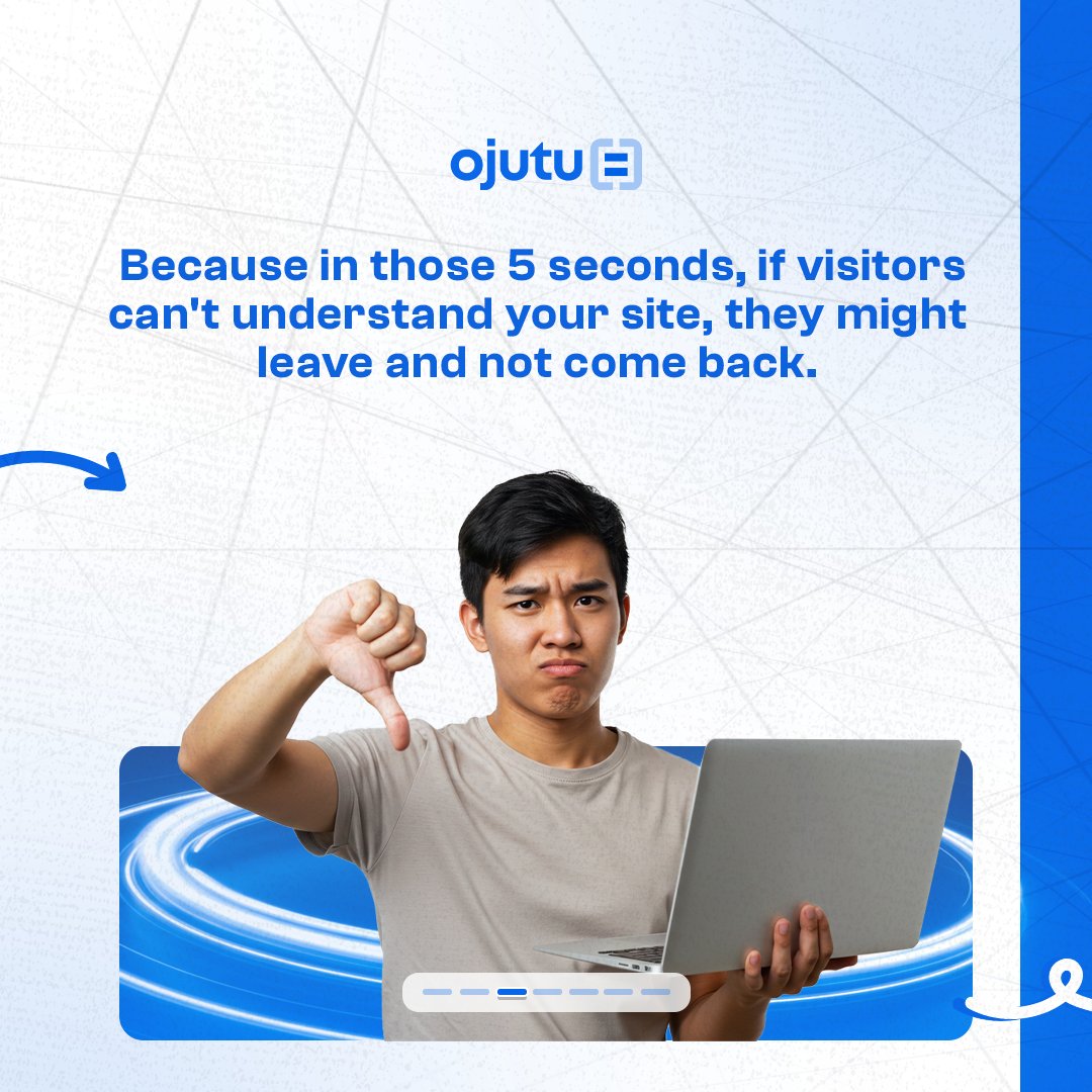Ojutu_Inc's tweet image. You have just 5 seconds to show people what your website is about. Let’s help you make those seconds count!

#SmallBusinessTips #SimpleWebDesign #WebsiteHelp #5SecondRule #OjutuTech #OnlineBusiness #FirstImpressionMatters