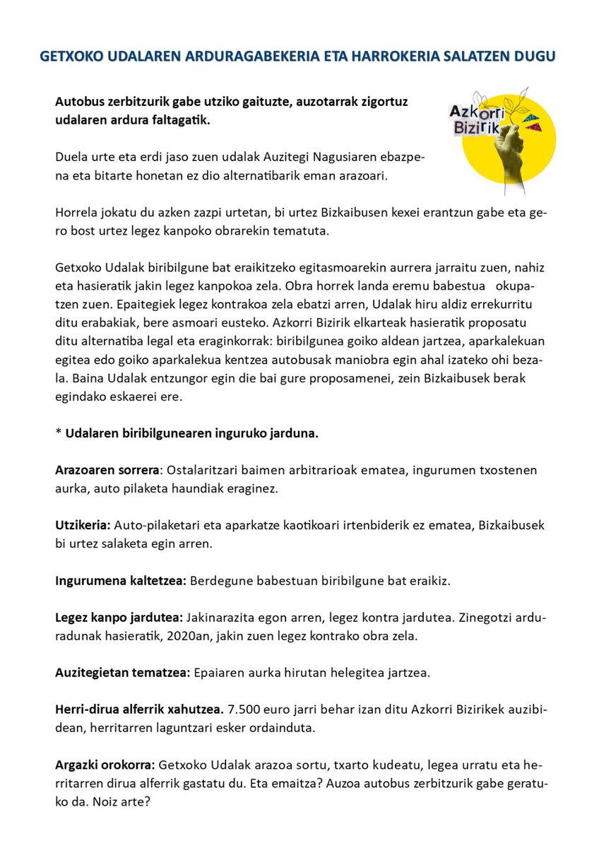 AzkorriB's tweet photo. @GetxoUdala -ren arduragabekeria eta harrokeria salatzen dugu.
Bus zerbitzu barik utziko gaituzue, auzotarrak zigortuz Udalaren ardura faltagatik.
#Azkorri #Getxo https://t.co/FxQ6qBCooH