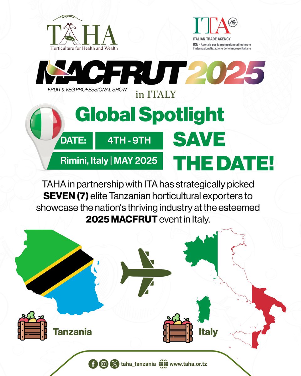 Congratulations to the powerhouse horticultural exporters and esteemed TAHA members for being selected to showcase Tanzania’s finest horticultural products at the prestigious <a href="/MacfrutFiera/">Macfrut</a> 2025 in Italy from May 4th to 9th, 2025. Thanks to <a href="/ITAtradeagency/">Italian Trade Agency</a> for your support