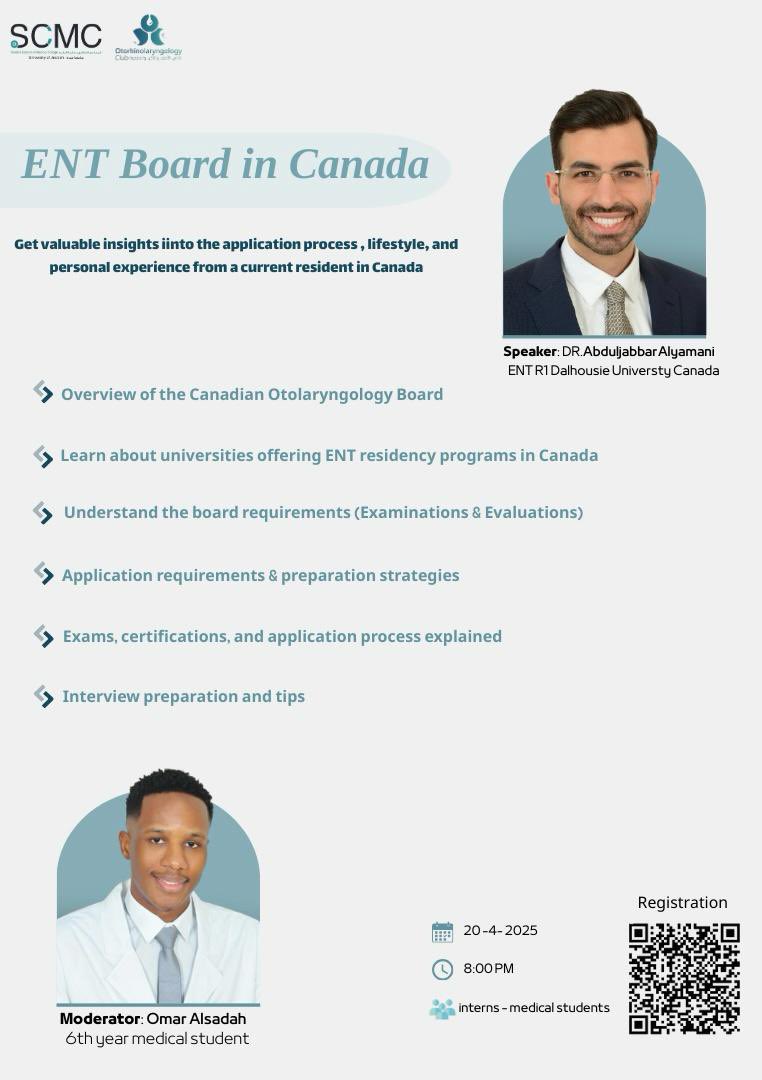 Join us for an exclusive session on the Canadian Medical Board, with a special focus on Otolaryngology (ENT).
This is a unique opportunity to gain valuable insights into the certification process, training pathways, and career prospects in Canada. Don’t miss out!