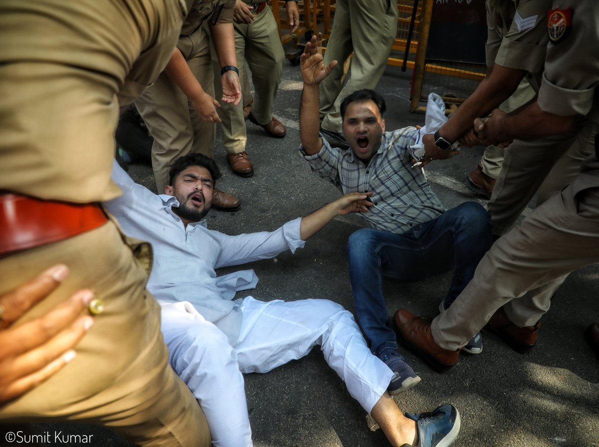 Congress members stage a protest after the Enforcement Directorate filed a chargesheet against senior Congress leaders Sonia Gandhi and Rahul Gandhi in the National Herald case, in Lucknow on Wednesday. 
.
.
.
.
.
.
.
#Congress #RahulGandhi #SoniaGandhi #protest #ed