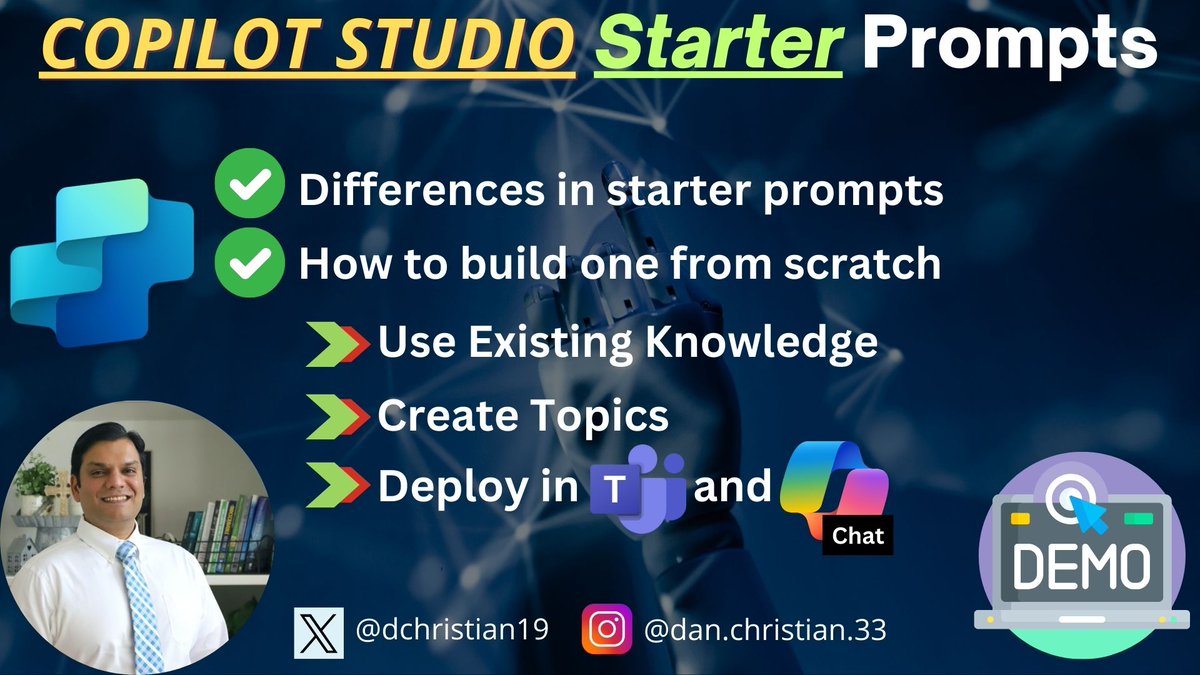 Daniel Christian | Microsoft MCT & MVP (@dchristian19) on Twitter photo Hey 👋🏼 Everyone,
Starter prompts are available in Copilot Studio. This is a tried and tested method in both Microsoft 365 Chat and SharePoint agents. However, are the 3️⃣ the same or are there any subtle differences? Watch this video 📺 and find out!
Watch 👀 or subscribe🔖, Hey 👋🏼 Everyone,
Starter prompts are available in Copilot Studio. This is a tried and tested method in both Microsoft 365 Chat and SharePoint agents. However, are the 3️⃣ the same or are there any subtle differences? Watch this video 📺 and find out!
Watch 👀 or subscribe🔖,