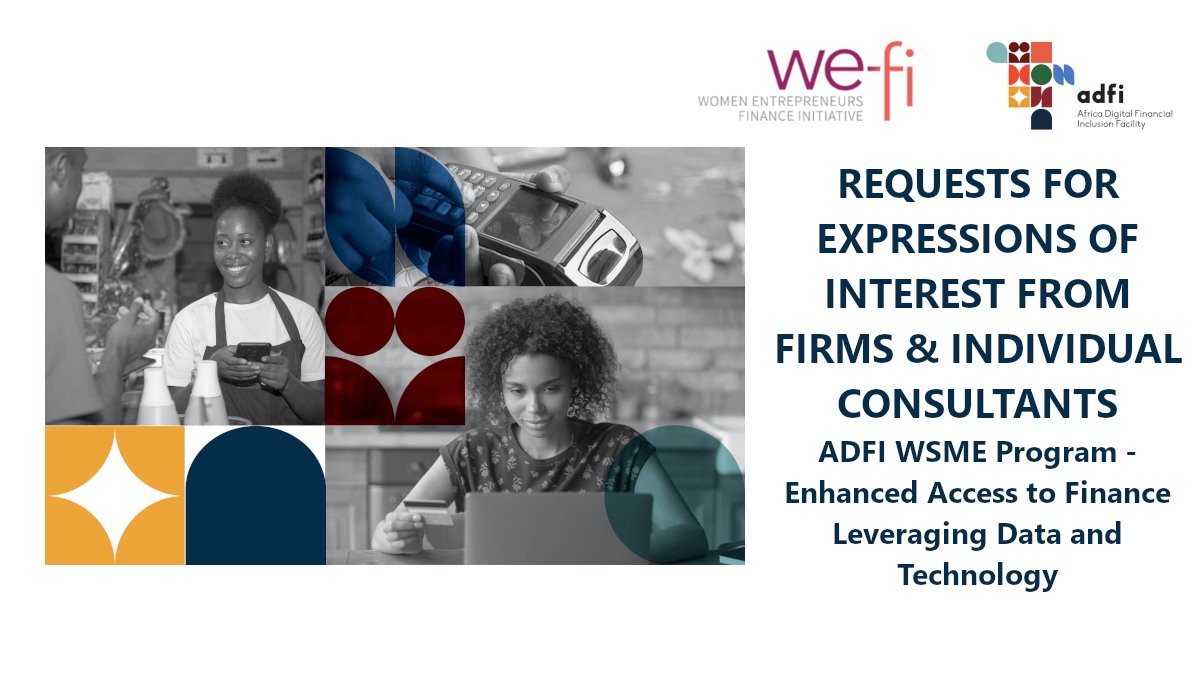 REQUESTS FOR EXPRESSIONS OF INTEREST: For Firms and Individual Consultants to support the ADFI WSME Program - Enhanced Access to Finance Leveraging Data and Technology.

For more information: adfi.org/community-news…

#AfDBFinancialInclusion #digitalfinancialinclusion