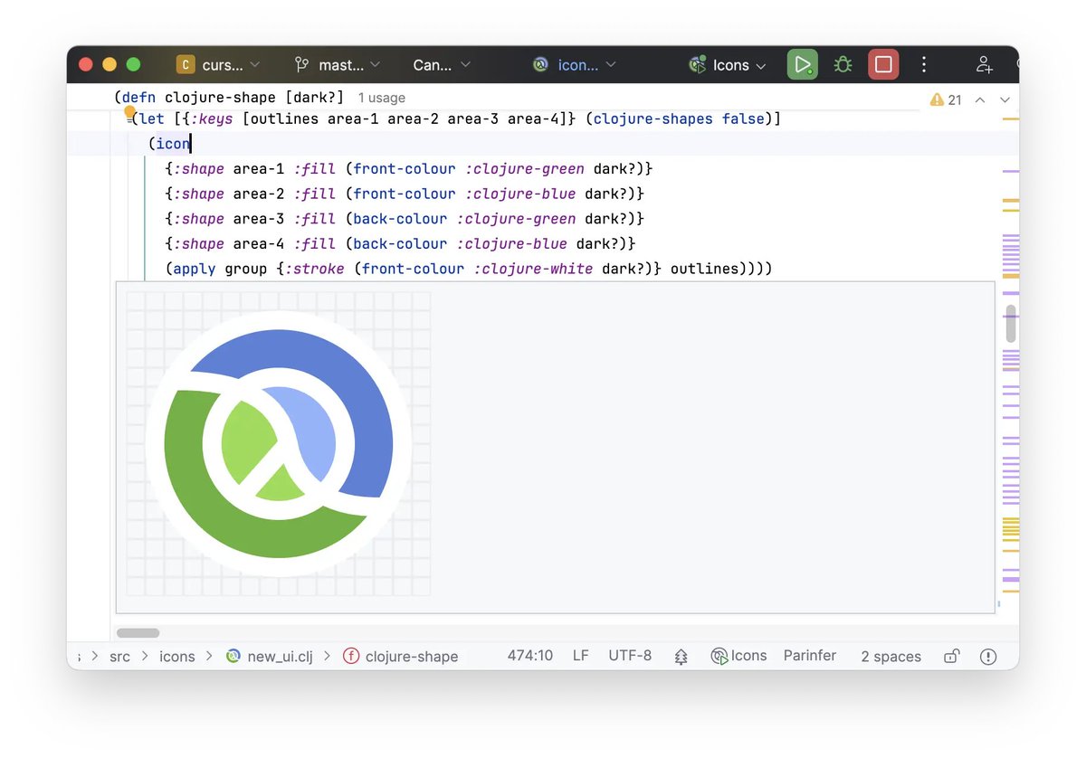 CursiveIDE's tweet image. Cursive 2025.1 is out! The most exciting bit is inline HTML/SVG display, which is super cool. Also support for the new IntelliJ version, many bug fixes and QoL features. cursive-ide.com/blog/cursive-2… #clojure #clojurescript.