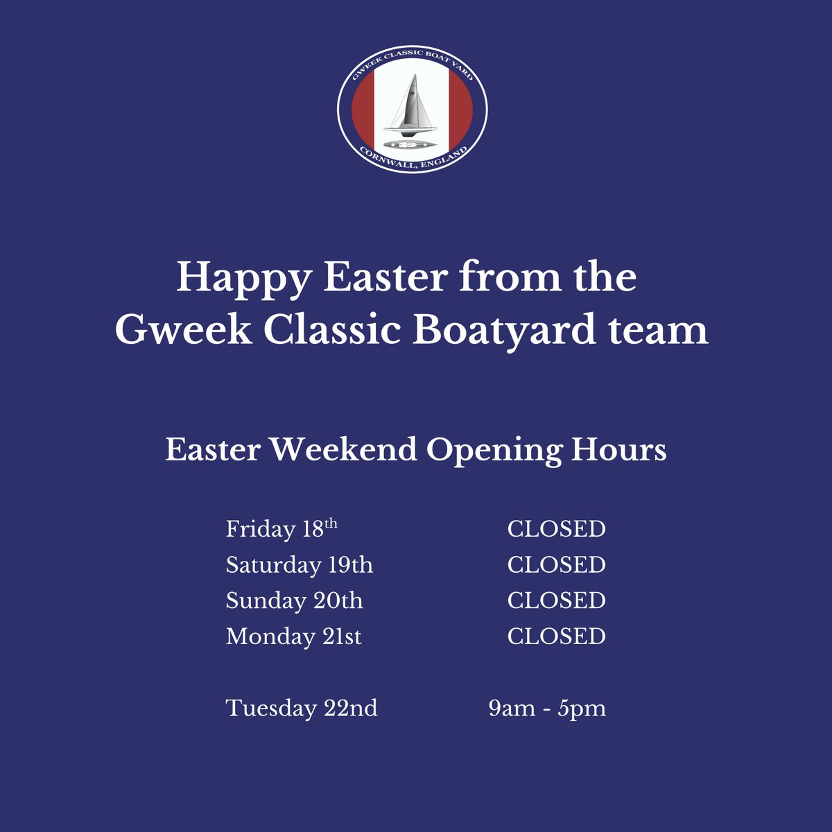 An update on our hours over the Easter weekend ⬇️

We will be closed this weekend from Friday - Monday, resuming normal hours from 9am on Tuesday 22nd.

We wish you a Happy Easter and a lovely bank holiday weekend from all of us here at GCBY!