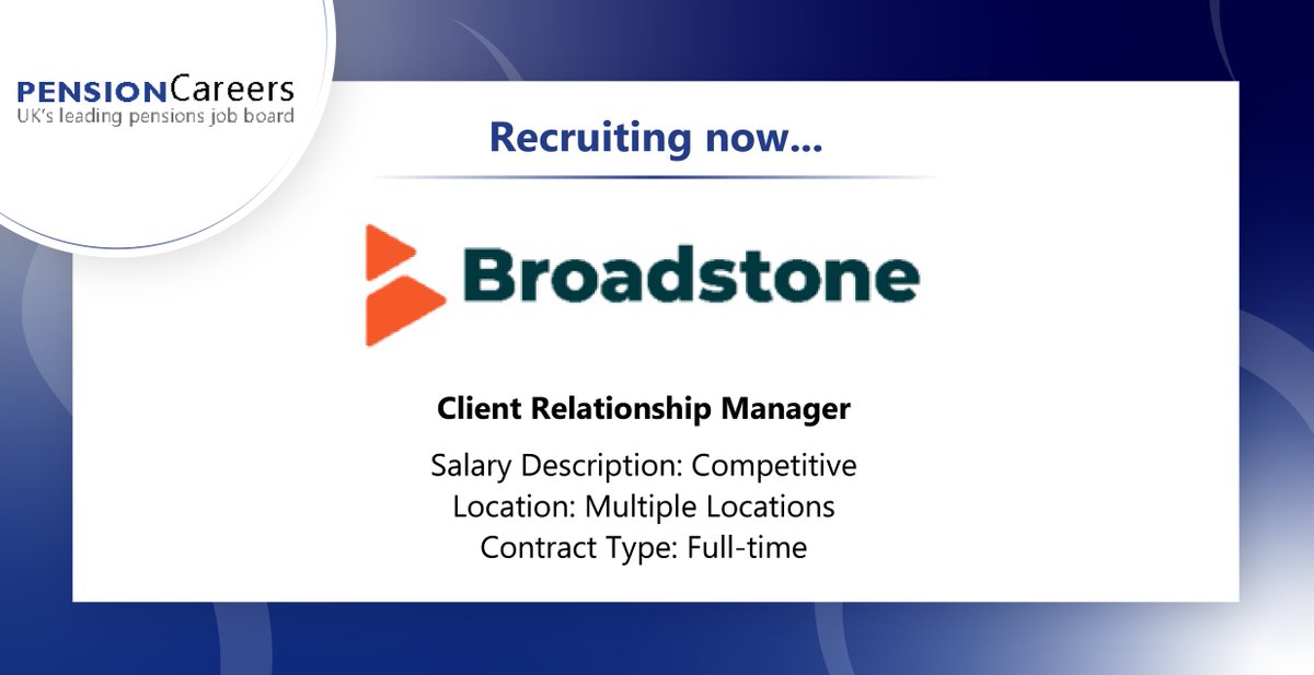 Pension Careers (@pmipensionsjobs) on Twitter photo Apply now! ow.ly/FWb350VBk4S
<a href="/Broadstone/">Broadstone Net Lease, Inc.</a> are recruiting for a Client Relationship Manager
- Salary: Competitive
- Location: Multiple Locations
- Contract Type: Full-time
#pensioncareers #pensionjobs Apply now! ow.ly/FWb350VBk4S
<a href="/Broadstone/">Broadstone Net Lease, Inc.</a> are recruiting for a Client Relationship Manager
- Salary: Competitive
- Location: Multiple Locations
- Contract Type: Full-time
#pensioncareers #pensionjobs