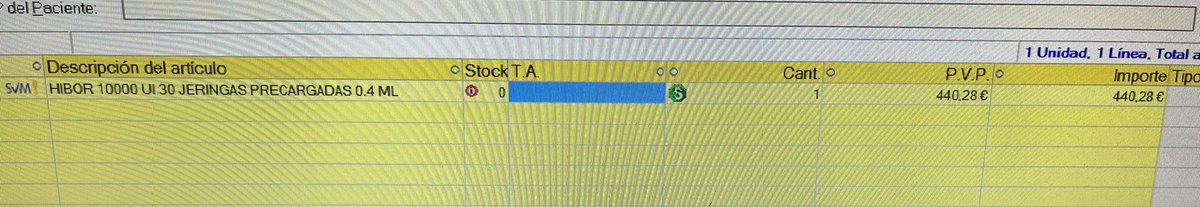 Hibor 10000 30 jeringas, caducado y dejado en el SIGRE para reciclaje. 
PVP: 440,28 €
Entero, sin usar. 
¿Somos conscientes del despilfarro que supone algo así, cuando su aportación por el paciente son 4,24€?