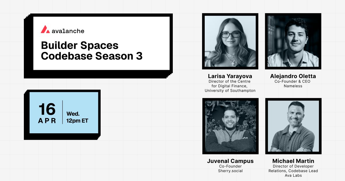 Doro Unger-Lee πΊππ (@doroungerlee) on Twitter photo π
Today's the day! Join us for our next <a href="/avax/">AvalancheπΊ</a> campus builders roundtable at 6pm CET. Weβll cover:
π‘ Codebase S3
π How campus life shapes founders
π€ The role of profs
π Must-take classes & key experiences
π Key resources
β¨ ALPHA on our travel scholarships πΈ π
Today's the day! Join us for our next <a href="/avax/">AvalancheπΊ</a> campus builders roundtable at 6pm CET. Weβll cover:
π‘ Codebase S3
π How campus life shapes founders
π€ The role of profs
π Must-take classes & key experiences
π Key resources
β¨ ALPHA on our travel scholarships πΈ