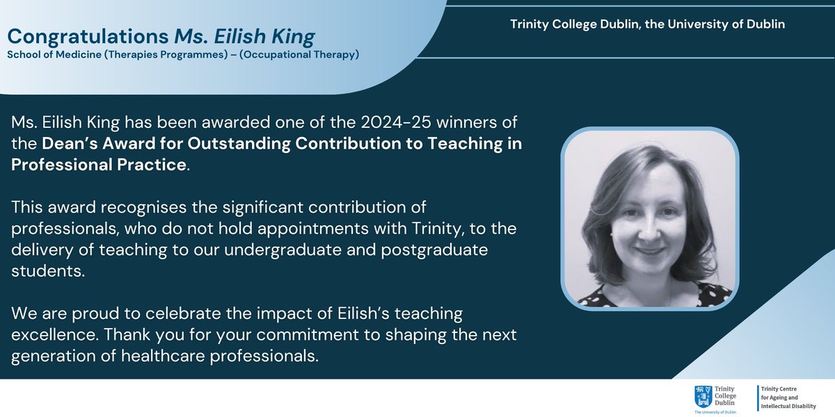 Trinity Centre for Ageing & ID (@ageingwithid) on Twitter photo On behalf of the Trinity Centre for Ageing and Intellectual Disability (TCAID), we extend our warm congratulations to Ms. <a href="/eilish_king1/">Eilish King</a> — PhD student with TCAID and member of the Discipline of Occupational Therapy, <a href="/tcddublin/">Trinity College Dublin</a> — on being named one of the 2024–25 recipients of the On behalf of the Trinity Centre for Ageing and Intellectual Disability (TCAID), we extend our warm congratulations to Ms. <a href="/eilish_king1/">Eilish King</a> — PhD student with TCAID and member of the Discipline of Occupational Therapy, <a href="/tcddublin/">Trinity College Dublin</a> — on being named one of the 2024–25 recipients of the