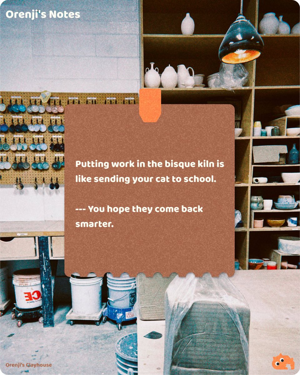 OrenjisClay's tweet photo. Bisque firing: pottery’s version of sending your cat to school. 🐱📚
Fingers crossed they learn something! 🤞🍊
#PotteryHumor #StudioLife #OrenjisNotes https://t.co/yoPOxcm6F5