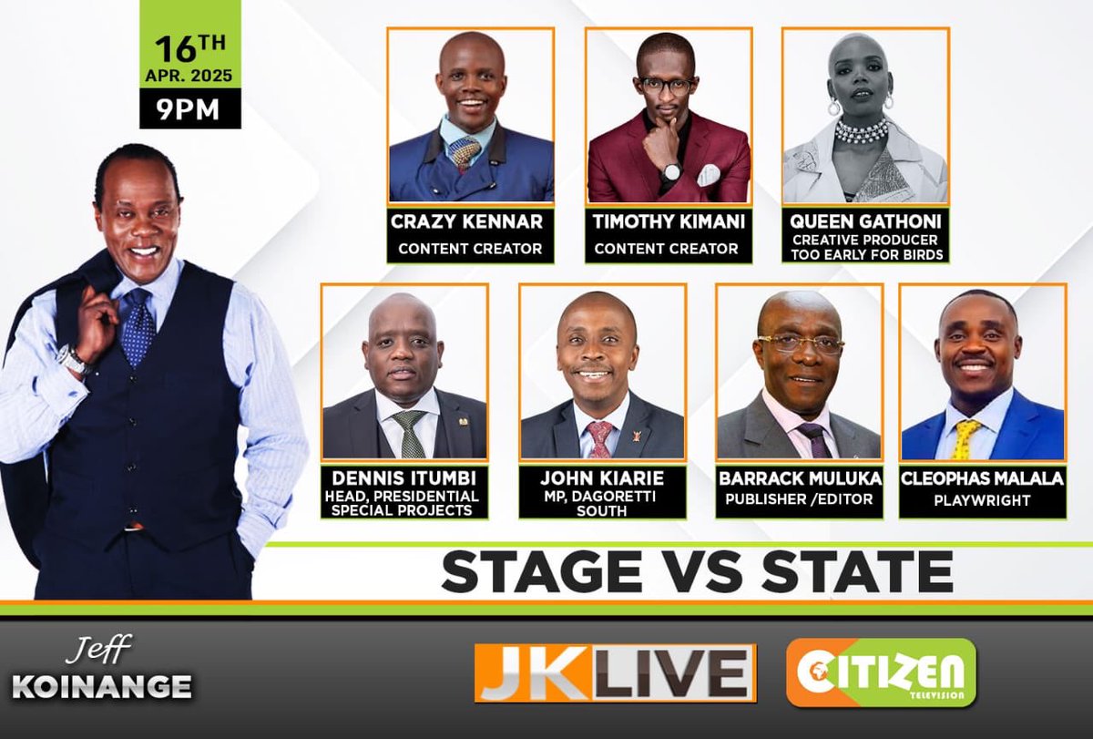 Linus Kaikai (@linuskaikai) on Twitter photo TONIGHT on JKL, The Stage versus The State,the clash between art and politics. 9pm on <a href="/citizentvkenya/">Citizen TV Kenya</a> TONIGHT on JKL, The Stage versus The State,the clash between art and politics. 9pm on <a href="/citizentvkenya/">Citizen TV Kenya</a>