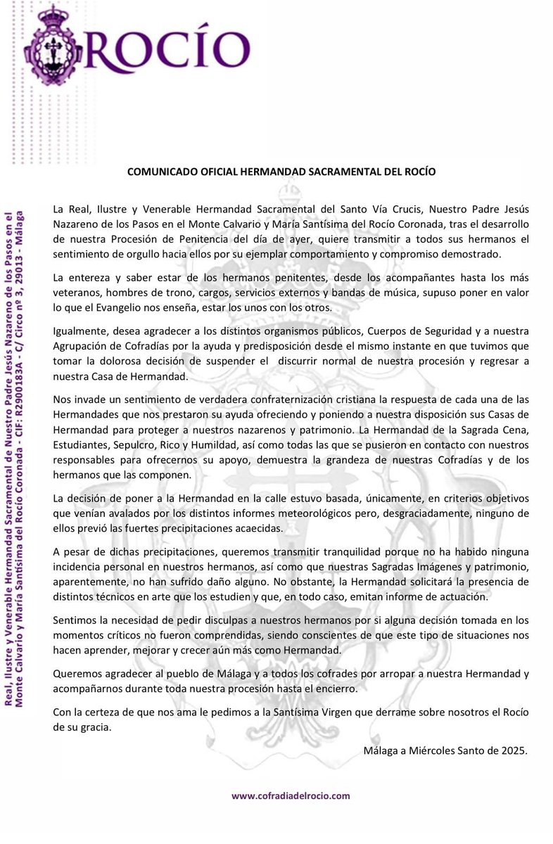 📣 Comunicado oficial de la hermandad.

#CofradíasMLG