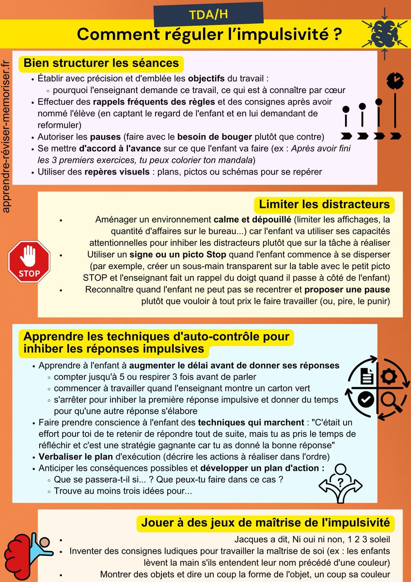 📚 Ct accompagner les élèves #TDAH ds la gestion de leur impulsivité ? 
👉 structurer les séances
👉 minimiser les distracteurs
👉 enseigner des techniques d'auto-contrôle. 
Des conseils pour favoriser un environnement d'apprentissage adapté et inclusif 🤝
apprendre-reviser-memoriser.fr/reguler-impuls…