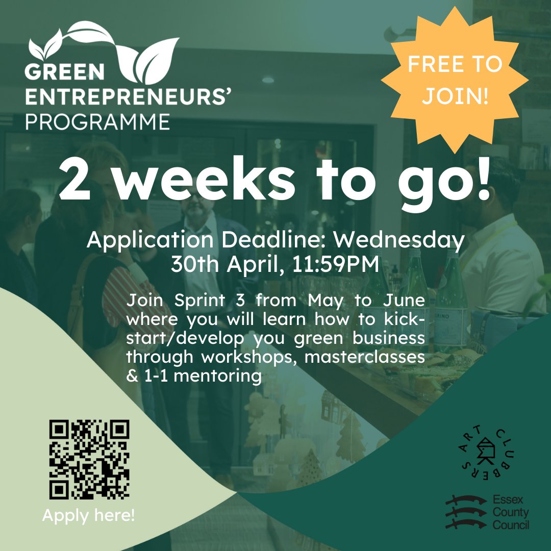 Art Clubbers CIC (@artclubberscic) on Twitter photo 📣2 WEEKS TO APPLY📣
There is 2 weeks left to apply for Sprint 3 in the Green Entrepreneurs' Programme!
APPLY NOW! bit.ly/GEP-2025
<a href="/AmbitiousEssex/">Ambitious Essex</a>
#greenbuisness #business #online #trainingprogramme #workshops #mentoring #masterclasses #workshops #sustainablity 📣2 WEEKS TO APPLY📣
There is 2 weeks left to apply for Sprint 3 in the Green Entrepreneurs' Programme!
APPLY NOW! bit.ly/GEP-2025
<a href="/AmbitiousEssex/">Ambitious Essex</a>
#greenbuisness #business #online #trainingprogramme #workshops #mentoring #masterclasses #workshops #sustainablity