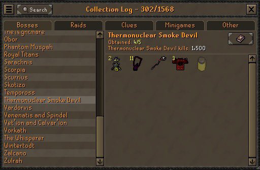 99SlayerTab's tweet image. Predictions for when I will green log Thermonuclear Smoke Devil Boss! 👀 

What kc do you think I’ll get Jar of smoke and complete this collection log? 

#OSRS #Runescape #CollectionLog 📕