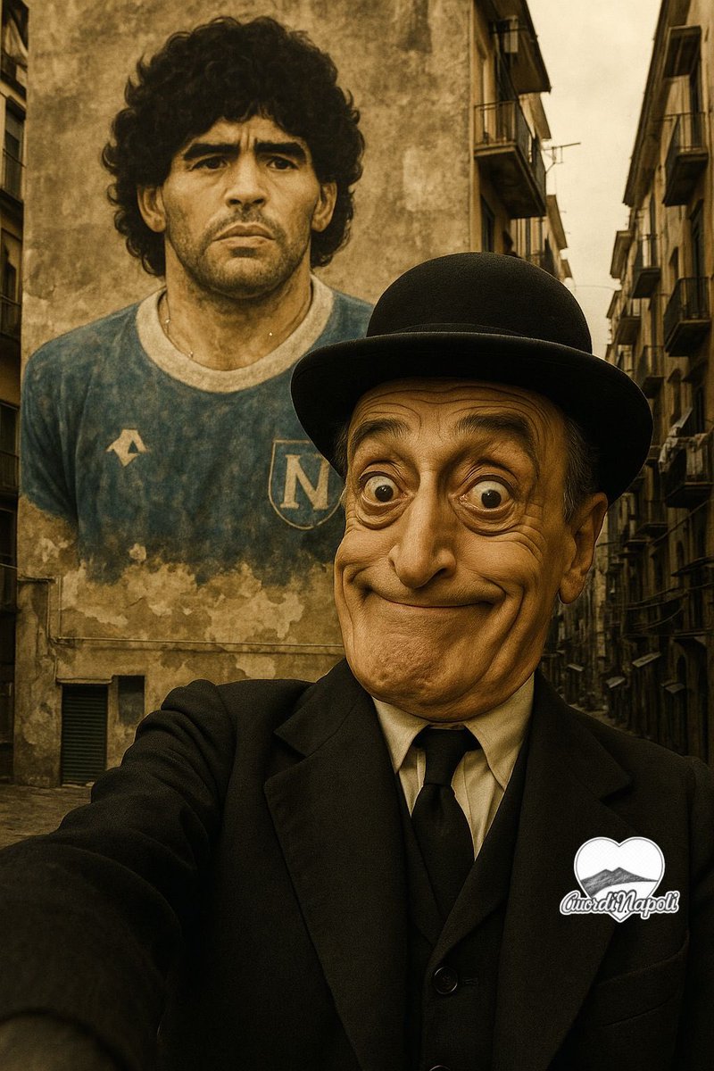 cuordinapoli's tweet photo. Si dice che il murales di Diego nei Quartieri Spagnoli esista da sempre, un segno del Messia atteso da Napoli. Già ai tempi di Totò, il Principe della Risata era qui, simbolo di un eroe senza tempo. 
Oggi Diego e Totò vegliano su di noi in un abbraccio eterno. ⚽🎭 #NapoliLegends https://t.co/sK9jhpzyyb