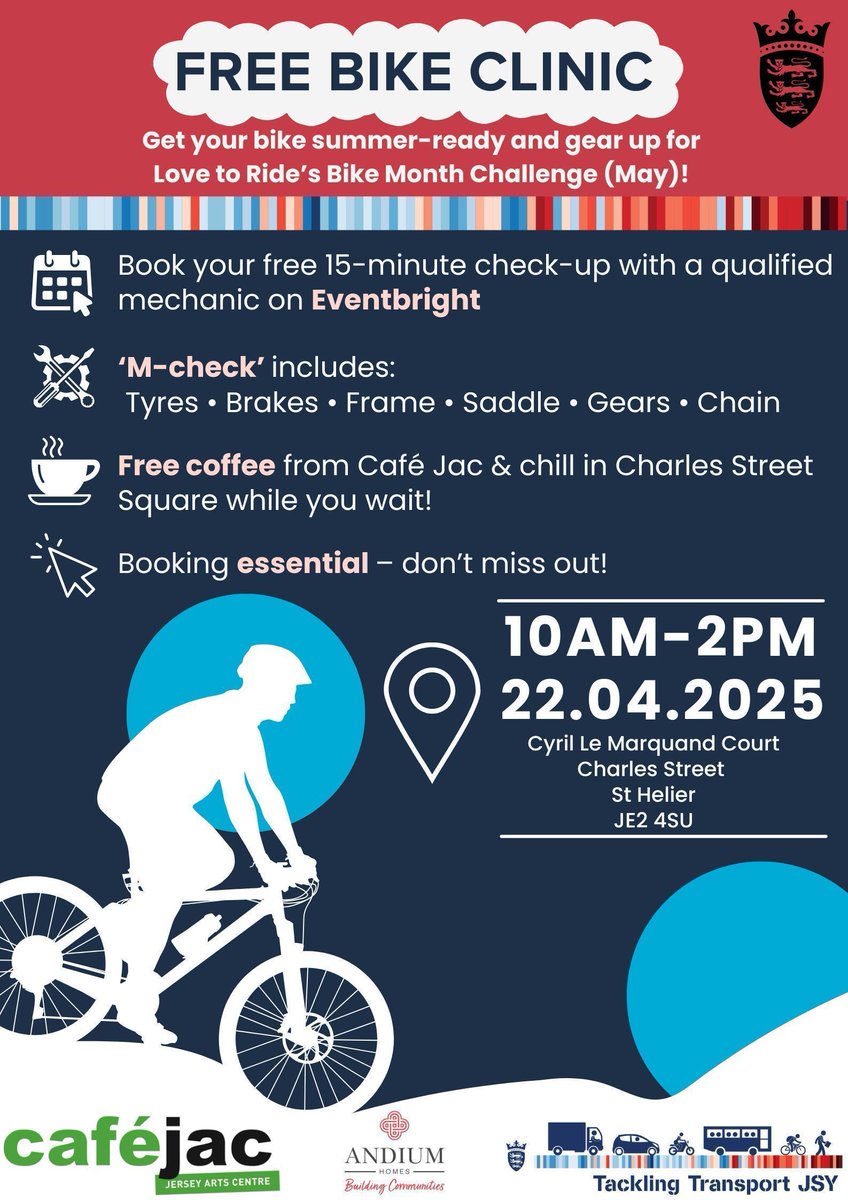 Join us for a complimentary Bike Clinic and coffee session Tuesday, 22nd April! 

The event will be held at Cyril Le Marquand Court on Charles Street, welcoming all types of cycles.

Secure your spot by booking a free slot on Eventbrite. buff.ly/y3Vzp9D
