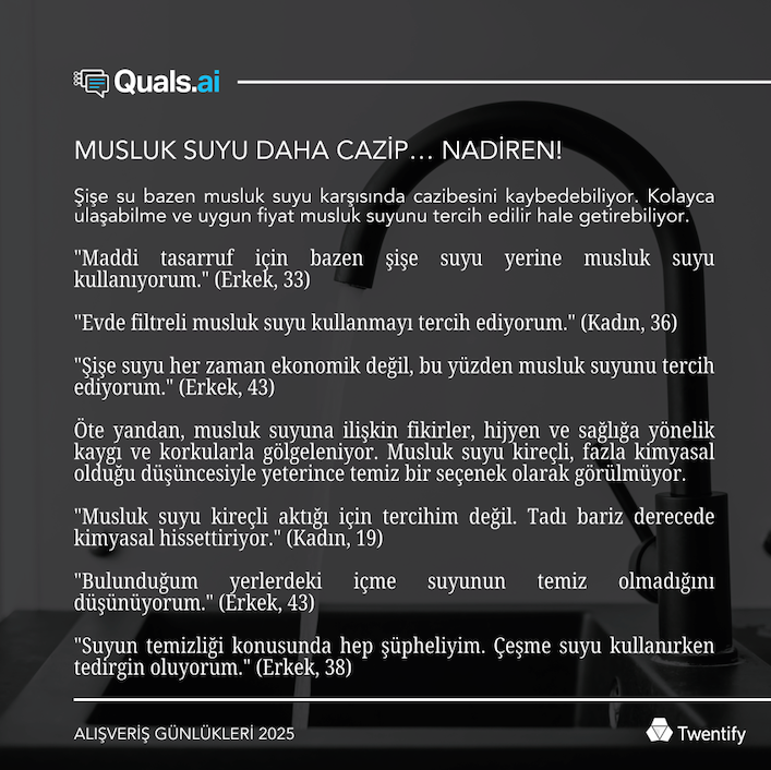 Alışveriş Günlükleri 2025’in 10. bölümünde şişe su tercihlerinin ardındaki sebep ve alışkanlıkları irdeliyoruz.
bit.ly/4lv1NuO

#Twentify #QualsAI #AlışverişGünlükleri #TüketiciDavranışları #MarkaGüveni #PerakendeTrendleri