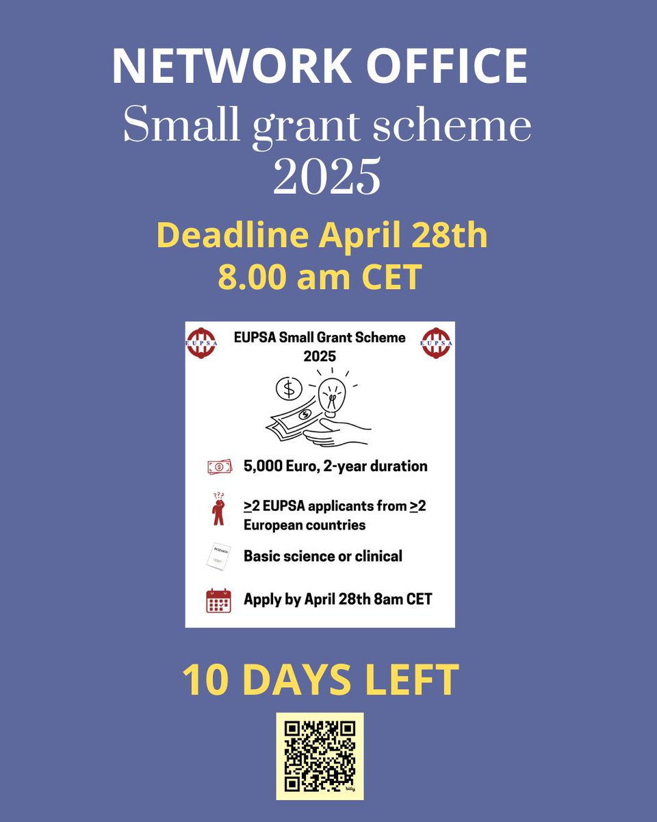 EupsaSurgeons's tweet image. ⏳ Just 10 days left! Apply now for the EUPSA Small Grant 2025 – up to €5,000 for international collaborative pediatric surgery research.
🗓 Deadline: April 28, 08:00 AM CET
📌More info: eupsa.info/grant-scheme/
#EUPSA #SmallGrant #PediatricSurgery @Me4Ped