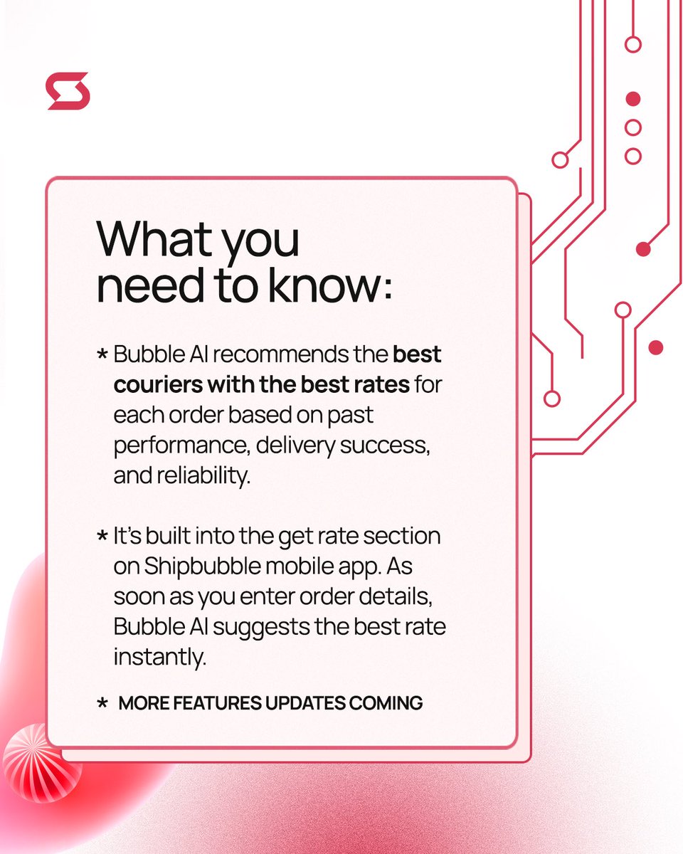 Introducing Bubble AI 🎉🤖
Your smart logistics buddy. Get the best delivery rates and the most reliable courier suggestions, tailored to your shipment.