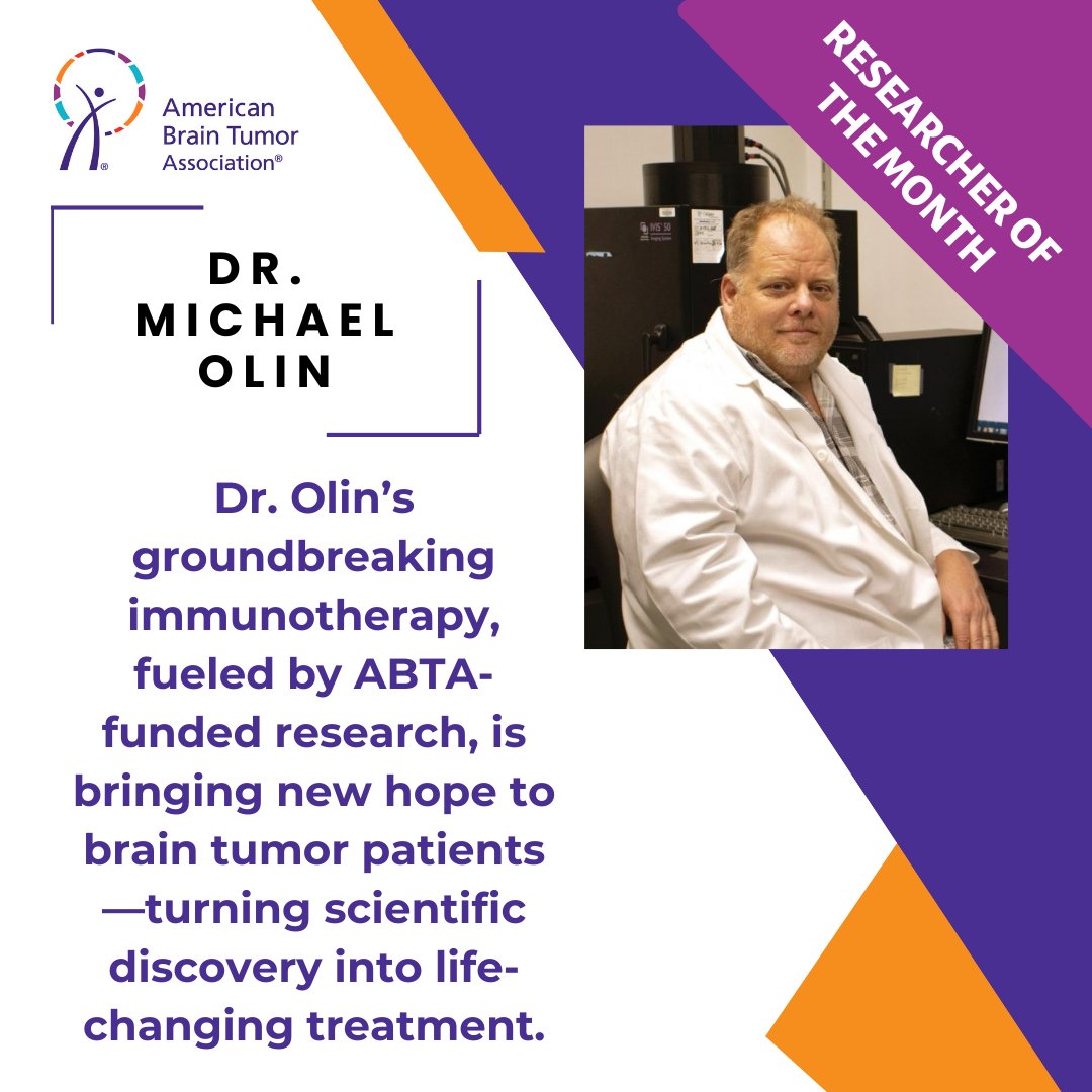 Our April Researcher of the Month is Dr. Michael Olin! He received an ABTA Discovery Grant in 2012. Today, his immunotherapy is giving brain tumor patients new hope.

This is how donations lead to a cure: by fueling bold ideas at the very beginning.

👉  ow.ly/PPmu50VyqlJ