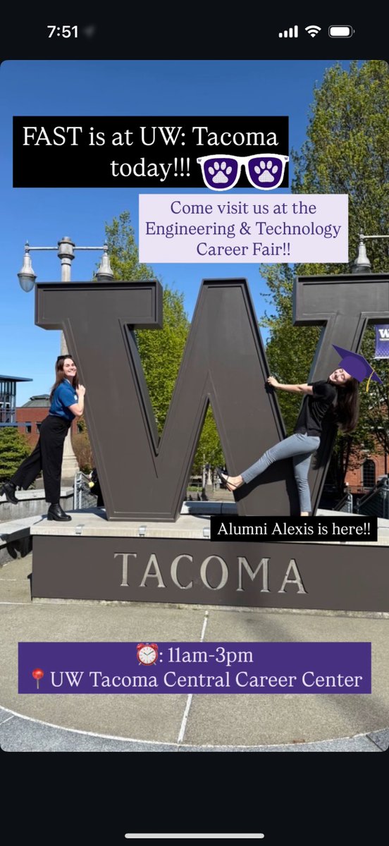 FAST is at UW: Tacoma today for the Engineering and Technology Career Fair! From 11am-3pm! Come by and say Hi! #FAST #UWTacoma