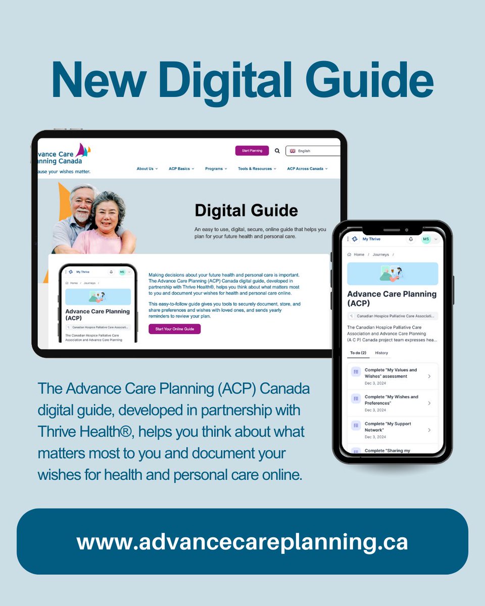 AdvanceCarePlan's tweet image. This Advance Care Planning Day, we&apos;re thrilled to launch the ACP Canada Digital Guide! This secure online tool, in partnership with Thrive Health®, empowers you to easily document and share your healthcare wishes. Ready for a simpler way to plan? Visit loom.ly/Kj7xz9g