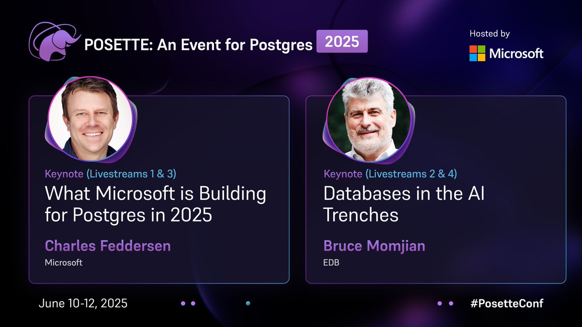 📣 💥 #PosetteConf 2025 schedule is complete—with keynotes! Bruce Momjian to speak about "Databases in the AI trenches" &amp; Charles Feddersen to share "What Microsoft is building for #PostgreSQL in 2025" 💥 

Add to your calendar &amp; don't miss a thing 🗓️

posetteconf.com/2025/schedule/