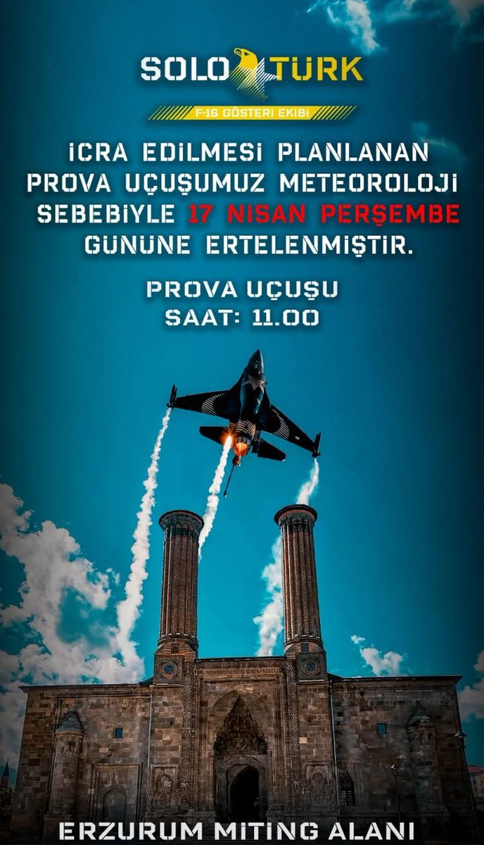 ✈️ Gökyüzünde gururumuz: SOLOTÜRK!

✈️ Prova uçuşu meteoroloji sebebiyle 17 Nisan Perşembe gününe ertelenmiştir❗

#SOLOTÜRK #Erzurum #F16 #GösteriUçuşu #TürkHavaKuvvetleri