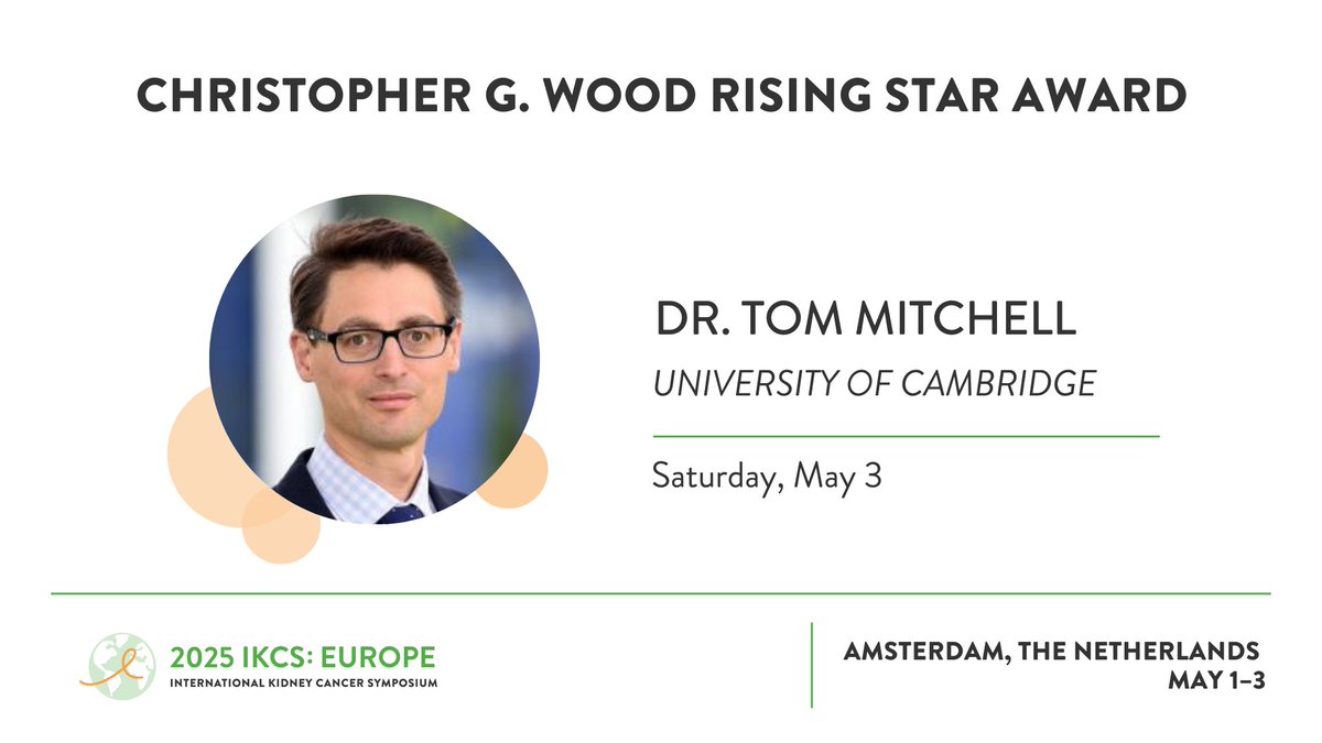 Kidney Cancer (@kidneycancer) on Twitter photo 🎉CONGRATULATIONS to <a href="/Tom_J_Mitchell/">Tom Mitchell</a>, recipient of the KCA's 2025 Christopher G. Wood Rising Star Award recognizing talented emerging #kidneycancer experts! The award will be presented at #IKCSEU25, don't miss his lecture followed by WoodFire 🔥! kidneycancer.swoogo.com/IKCSEU25 🎉CONGRATULATIONS to <a href="/Tom_J_Mitchell/">Tom Mitchell</a>, recipient of the KCA's 2025 Christopher G. Wood Rising Star Award recognizing talented emerging #kidneycancer experts! The award will be presented at #IKCSEU25, don't miss his lecture followed by WoodFire 🔥! kidneycancer.swoogo.com/IKCSEU25
