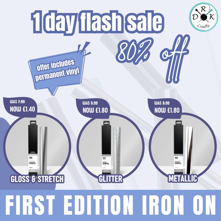 Check out our fantastic deal of the day on high-quality first edition iron-on vinyl, perfect for all your personalised project-making needs.

With 80% off for one day only, this is a deal you don't want to miss! Grab your selection now by following this link below to our website.