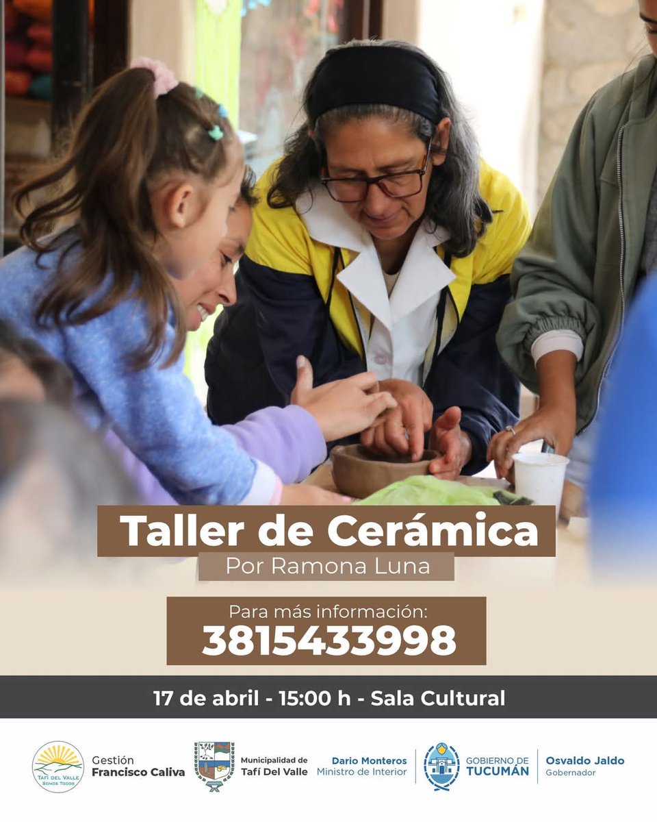 Taller de Cerámica, jueves 17 de abril
Dictado por Ramona Luna.
Una linda actividad para disfrutarlo en familia en Tafí el Valle este fin de semana de Semana Santa

#SemanaSanta2025 #tafidelvalle