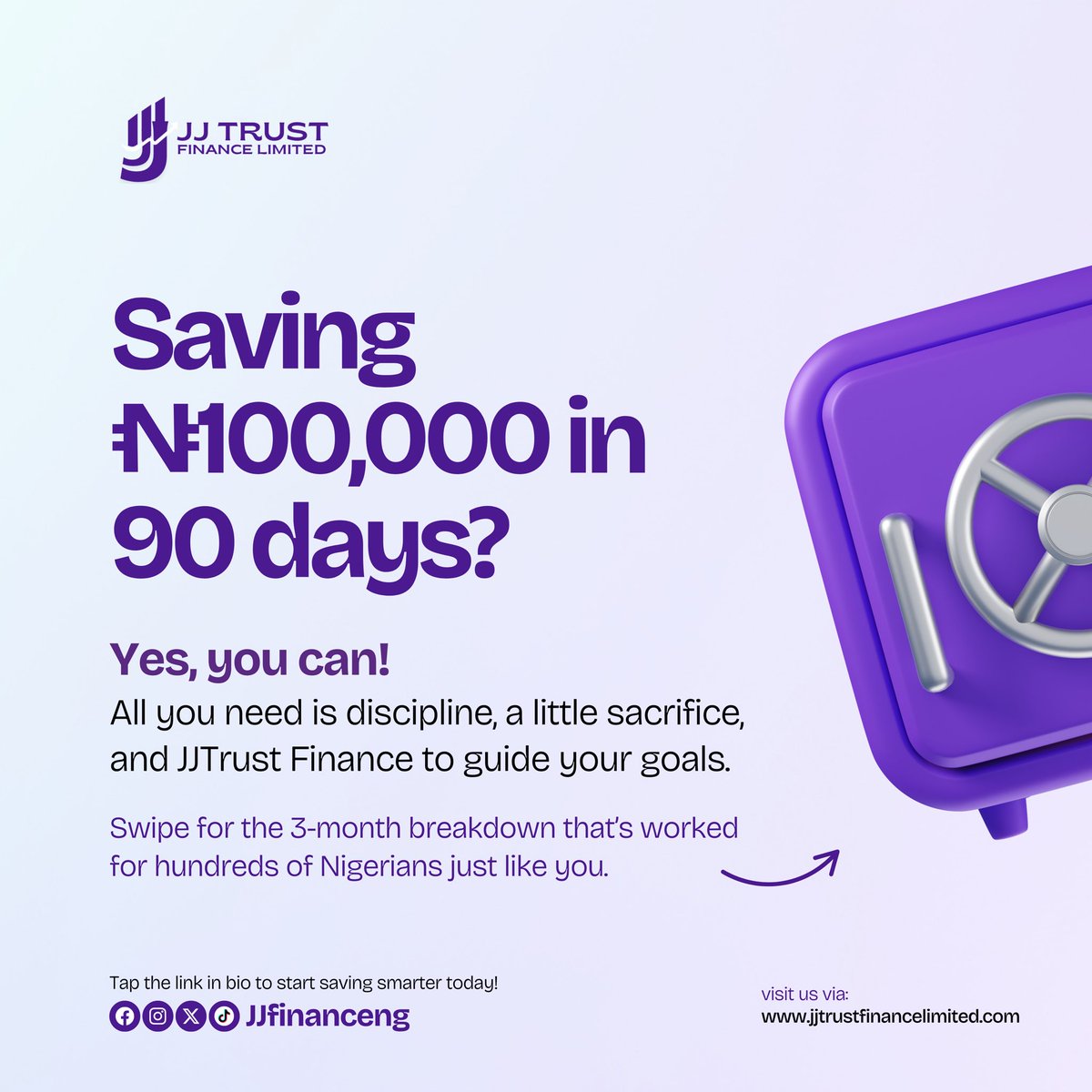 JJTFNG's tweet photo. Saving โฆ100,000 in 90 days sounds like a dream, right?
Hereโs your sign to make it a reality!
With as little as โฆ1,000 daily in Month 1, you can hit your โฆ100k goal in just 3 months. #jjtrustfinance #jjtf #ajo #Savings https://t.co/k0VG5ShCGX