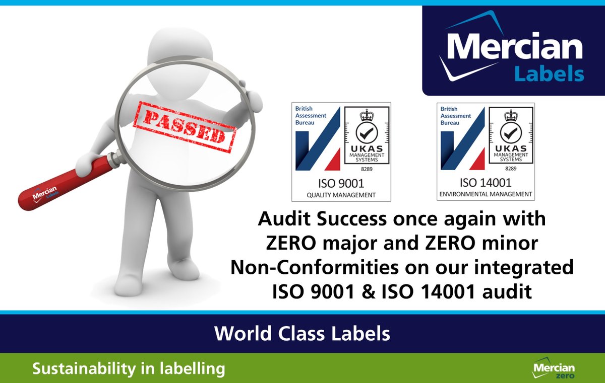 Mercian Labels are delighted to have once again passed our annual Integrated ISO 9001:2015 (Quality Management Systems) &amp; ISO 14001:2015 (Environmental Management Systems) audit with ZERO non-conformities.
#Quality #Environment #ContinuousImprovement #Excellence #Sustainability