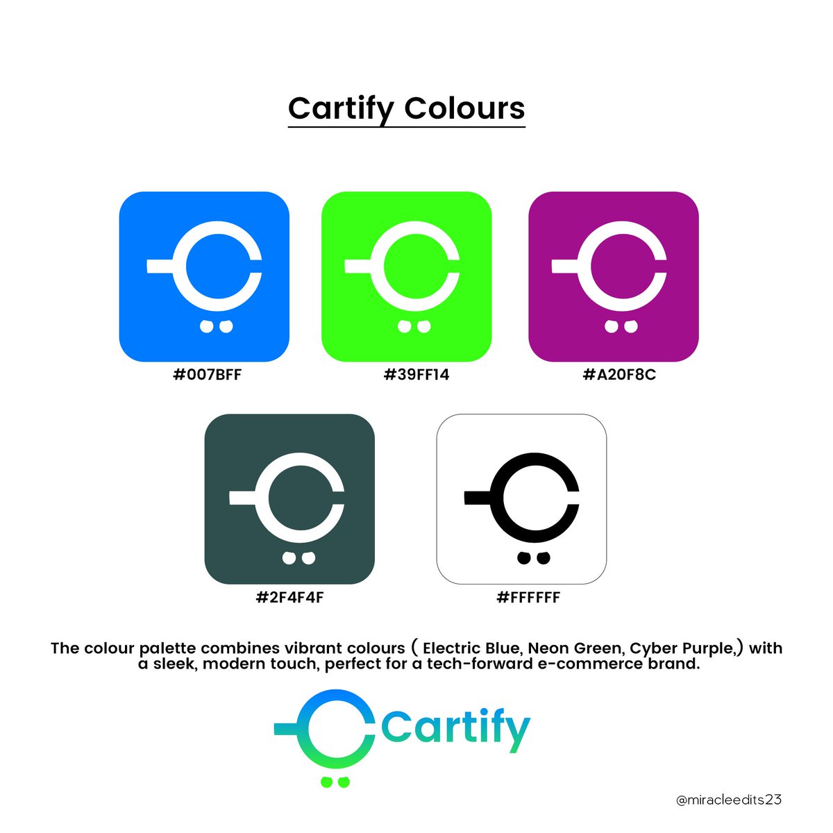 miracleedits23's tweet photo. Techno-inspired color palette for Cartify;
1. Electric Blue: #007BFF
2. Neon Green: #39FF14
3. Cyber Purple: #A20F8C
4. Dark Slate Gray: #2F4F4F
5. Bright White: #FFFFFF
This palette combines vibrant colors with a sleek, modern touch, perfect for a tech-forward brand
#branding https://t.co/HCQLBodCc2