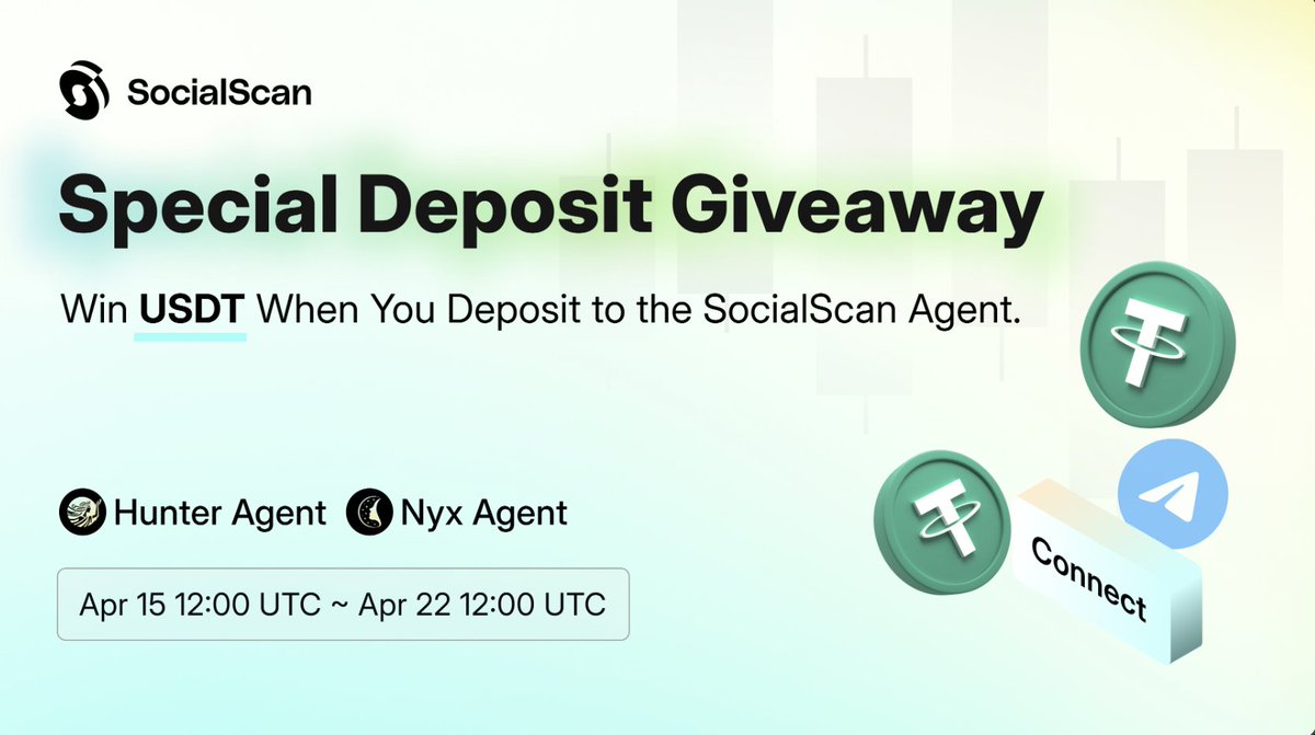 💰 SocialScan 입금 이벤트 시작! #에어드랍

<a href="/socialscan_io/">SocialScan (🌞,🌞)</a> Agents가 @Base 와 <a href="/BNBCHAIN/">BNB Chain</a> 체인 지원 기념하여 특별 입금 이벤트를 진행합니다.
Hunter Agent 지갑에 입금만 해도 자동으로 이벤트에 참가!
단 1U 입금만 해도 USDT 보상 추첨 대상!

👉 참여하기: t.me/socialscan_mem…
#Base