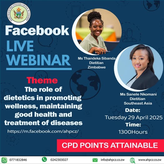 "Let food be thy medicine and medicine be thy food"
"Your diet is a bank account. Good food choices are good investments"
All AHPCZ practitioners &amp; stakeholders are invited to this engaging Facebook live