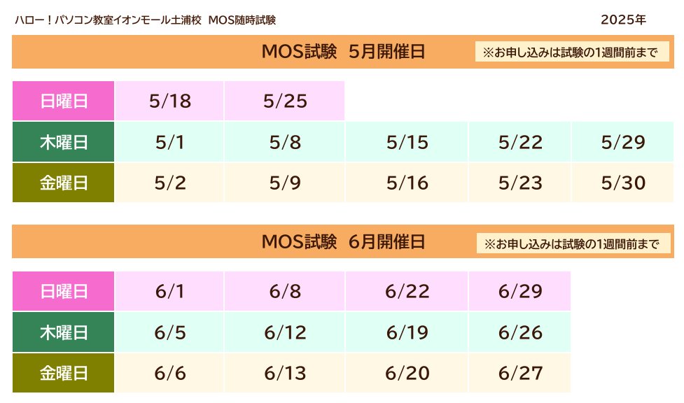 hello_tutiura's tweet photo. 【#MOS試験 試験日一覧】
✏空席状況はお問い合わせください☎
✏お申込みは教室にご来室を♪
✏試験時間は開催日によって異なります
#パソコン教室 #イオンモール土浦 #土浦イオン #MOS
#MOS試験会場 #MOS365 #MOS2019 #MOS2016 https://t.co/Jfu1YLcXSd
