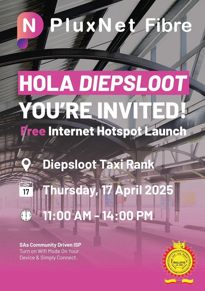 DIEPSLOOT, ARE YOU READY?

Get ready for free internet in your area!

Join us and <a href="/pluxnetsa_fibre/">PluxNet Fibre</a> on Thursday, 17 April 2025 at the Diepsloot Taxi Rank from 11:00 AM to 2:00pm as we launch the brand-new PluxNet Fibre Free Hotspot

No sign-ups, no stress– just switch on your