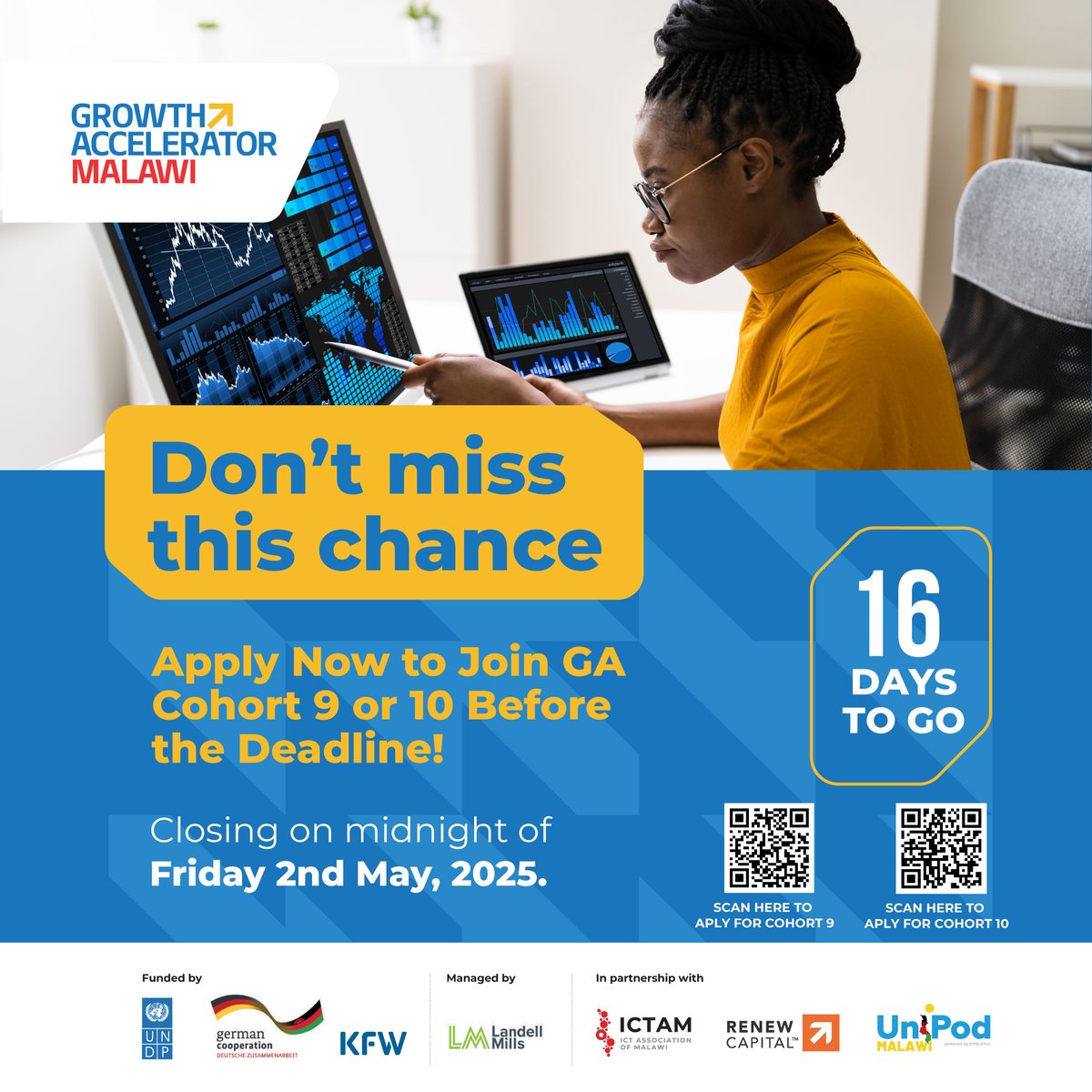 Growth Accelerator Mw (@growmw) on Twitter photo Are you a tech or a woman entrepreneur? The clock is ticking! Apply now to join Cohort 9 (Tech & Digital) or Cohort 10 (Women Entrepreneurs) of Growth Accelerator Malawi.
growmalawi.org/apply-for-busi…
<a href="/undpmalawi/">UNDP Malawi</a> <a href="/KfW_FZ_int/">KfW Development Bank</a>
#EmpoweringSustainableGrowth Are you a tech or a woman entrepreneur? The clock is ticking! Apply now to join Cohort 9 (Tech & Digital) or Cohort 10 (Women Entrepreneurs) of Growth Accelerator Malawi.
growmalawi.org/apply-for-busi…
<a href="/undpmalawi/">UNDP Malawi</a> <a href="/KfW_FZ_int/">KfW Development Bank</a>
#EmpoweringSustainableGrowth