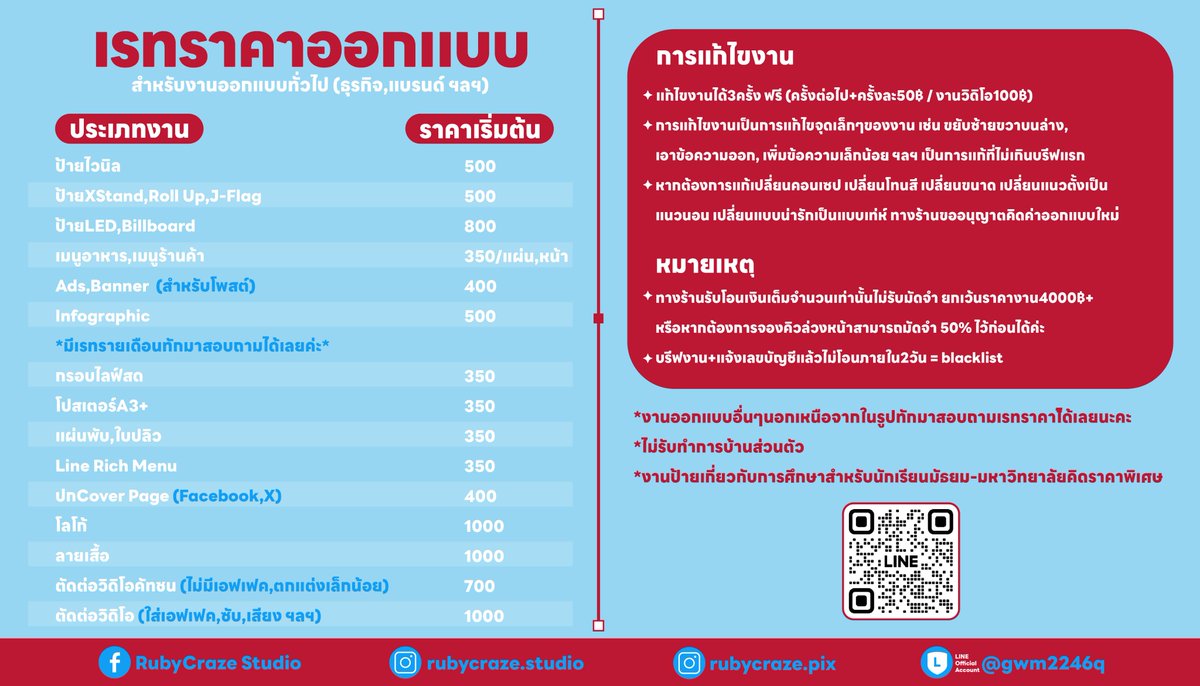 RubyCrazeStudio's tweet image. 🩵 เรทราคาเริ่มต้นงานออกแบบ #RubycrazeDesign
รับออกแบบงานหลากหลายประเภท ทั้งเชิงพาณิชย์,ไม่เชิงพาณิชย์ งานโปรเจกต์ศิลปิน ร้านค้า ธุรกิจ

โปรดอ่านรายละเอียดให้ครบถ้วน
สั่งงานได้ที่ Dm หรือแอดไลน์ @gwm2246q
📌linktr.ee/rubycraze

#รับออกแบบ #รับออกแบบของแจก #รับออกแบบgiveaway